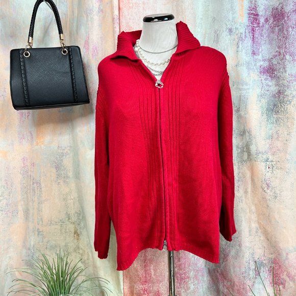 VTG📌Casual W.E.A.R Cotton Blend 2-Way Zipper Fire Red Cardigan with Collar - Picture 1 of 16